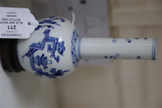 A Chinese blue and white bottle vase, PLEASE NOTE Republic period NOT Kangxi, H. 17.2cm, wood stand